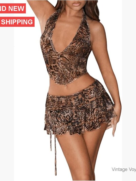 Other - Leopard Print Halter Crop Top and Ruffle Skirt Set Size Medium